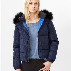 Gap Puffer Jacket Blue Camo Fur Hood Jacket